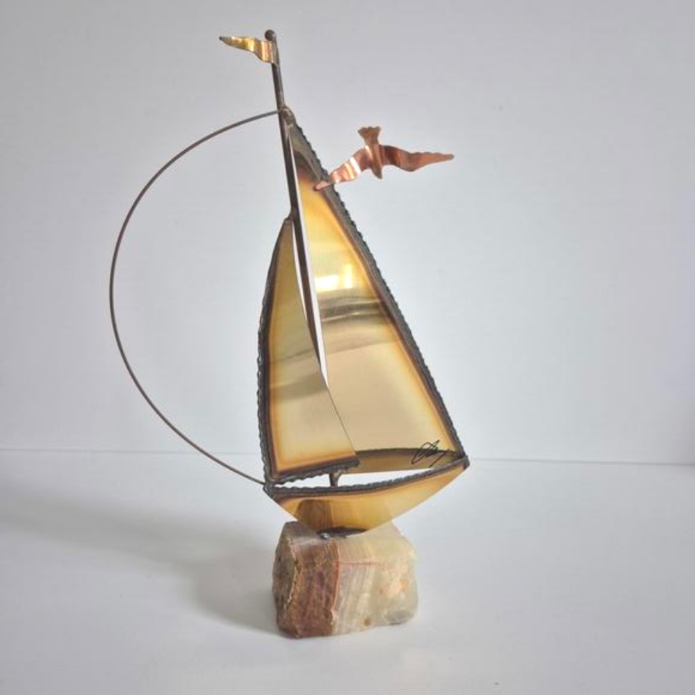 Curtis Jere Inspired Sculpture Signed Vintage Brass Sailboat